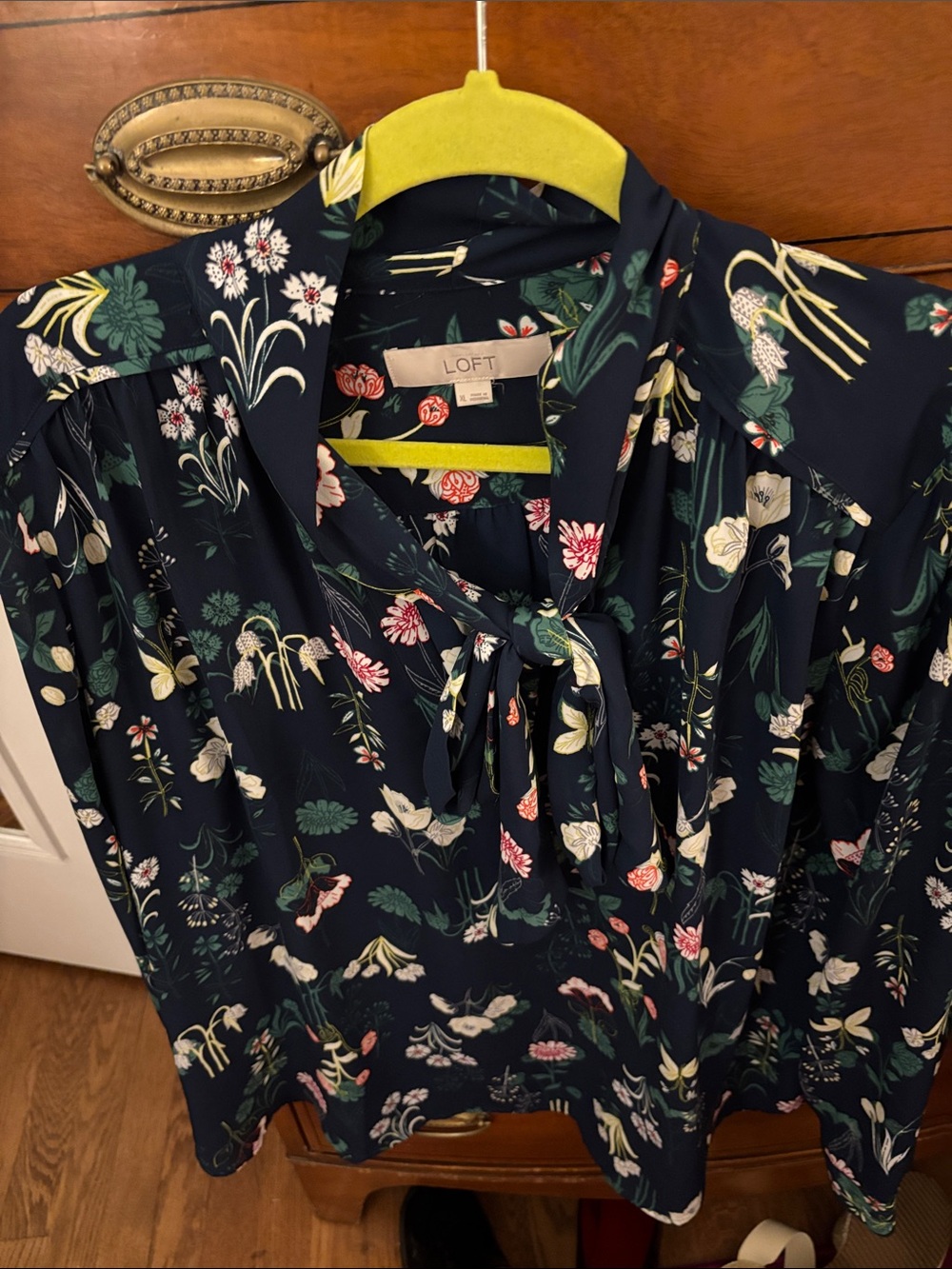 LOFT Navy Botanical Tie-Neck Blouse
